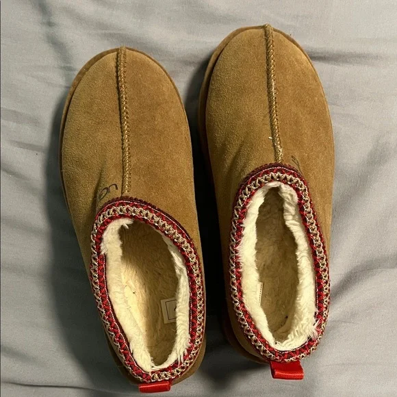 UGG Tan Suede Slip-Ons with Red Trim - Picture 5 of 5